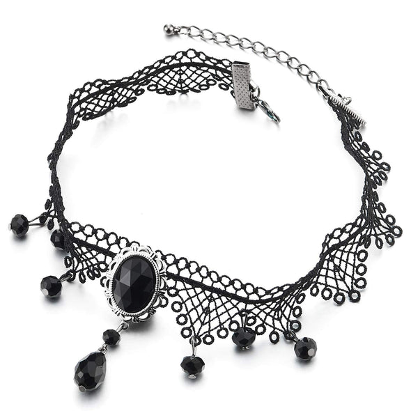 Gothic Victorian Nostalgic Women Black Lace Choker Necklace Dangling Black Oval Beads Charm Pendant