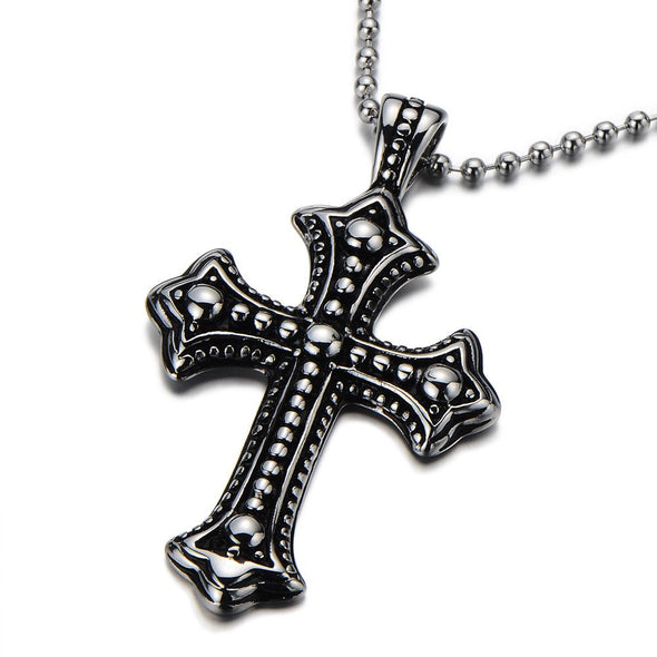 Gothic Vintage Cross Pendant Necklace Stainless Steel Unisex Silver Black Two-tone Ball Chain - COOLSTEELANDBEYOND Jewelry