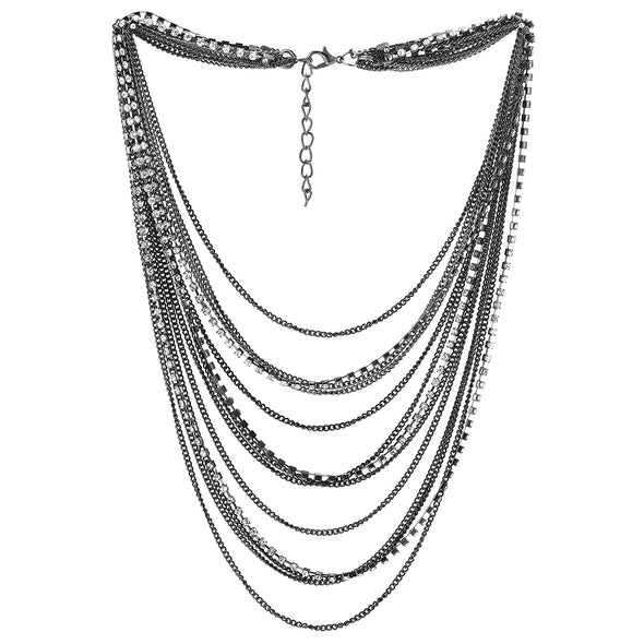 Grey Black Waterfall Multi-Strand Chains Statement Collar Necklace with Rhinestones Chains, Dress - COOLSTEELANDBEYOND Jewelry