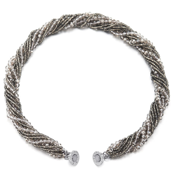Grey Statement Necklace Multi-Layer Beads Crystal Braided Chain Choker Collar Magnetic Clasp - COOLSTEELANDBEYOND Jewelry