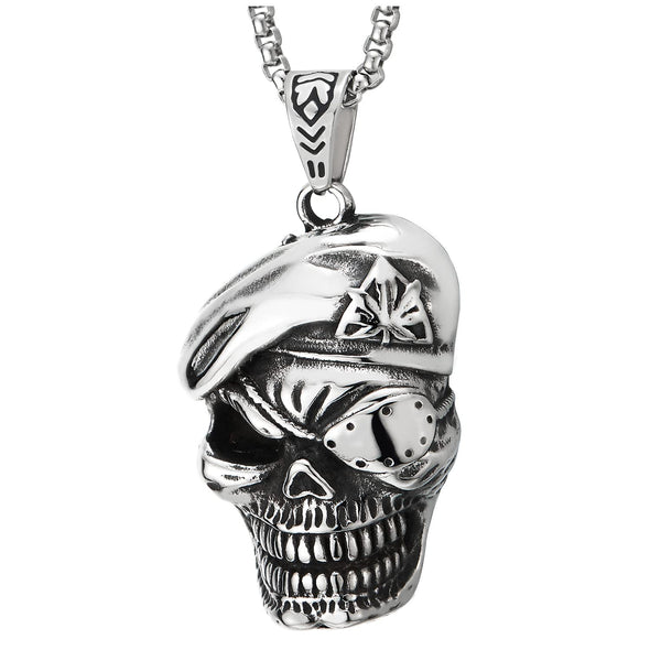 Hip Hop Rock Punk Mens Stainless Steel Pirate Skull with Hat Pendant Necklace, 30 inches Wheat Chain - COOLSTEELANDBEYOND Jewelry