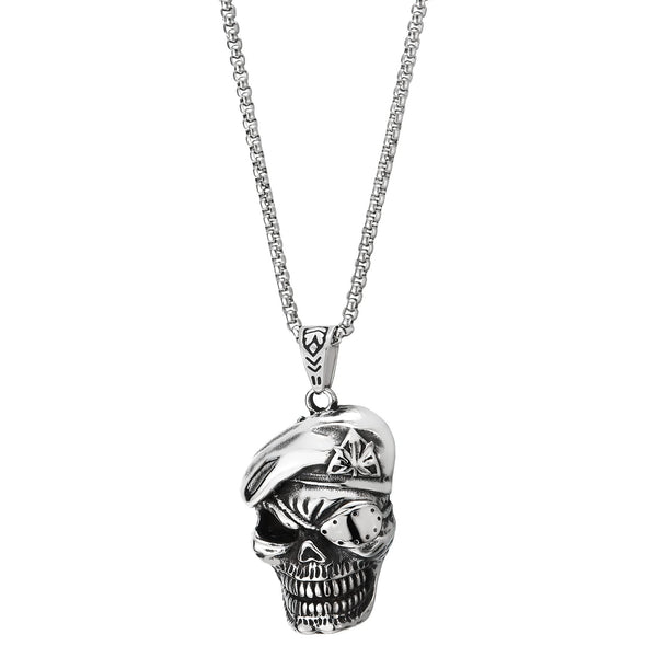 Hip Hop Rock Punk Mens Stainless Steel Pirate Skull with Hat Pendant Necklace, 30 inches Wheat Chain - COOLSTEELANDBEYOND Jewelry