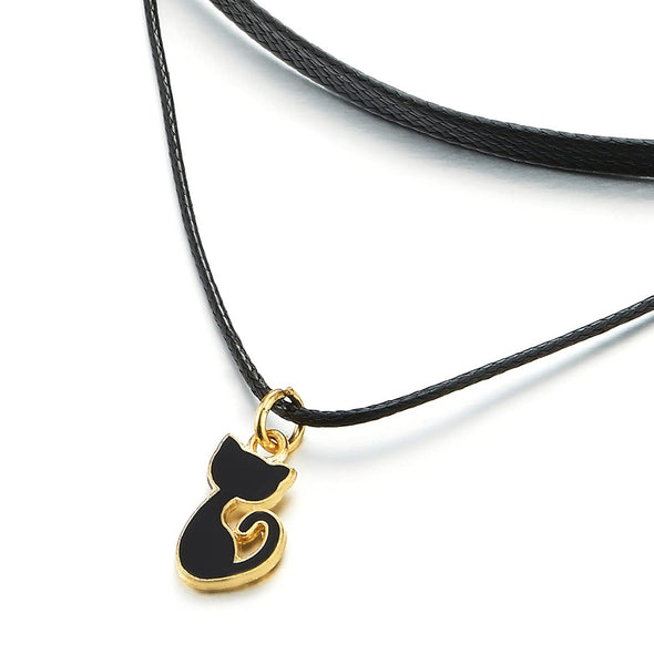 Ladies Black Choker Necklace with Dangling Black Enamel Kitty Cat Charm Pendant - COOLSTEELANDBEYOND Jewelry