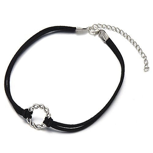 Ladies Black Choker Necklace with Woven Circle Charm Pendant - COOLSTEELANDBEYOND Jewelry