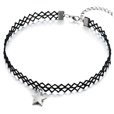Ladies Black Choker Tattoo Necklace with Polished Star Charm Pendant - COOLSTEELANDBEYOND Jewelry