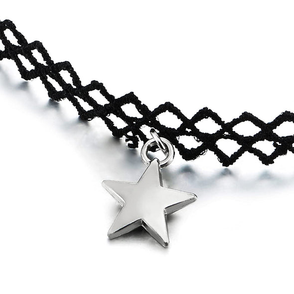 Ladies Black Choker Tattoo Necklace with Polished Star Charm Pendant - COOLSTEELANDBEYOND Jewelry