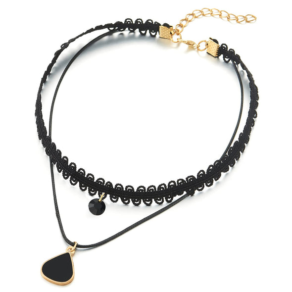 Ladies Black Lace Choker Necklace with Black Enamel Teardrop Charm and Black Gem Stone Pendant - COOLSTEELANDBEYOND Jewelry