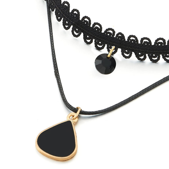 Ladies Black Lace Choker Necklace with Black Enamel Teardrop Charm and Black Gem Stone Pendant - COOLSTEELANDBEYOND Jewelry