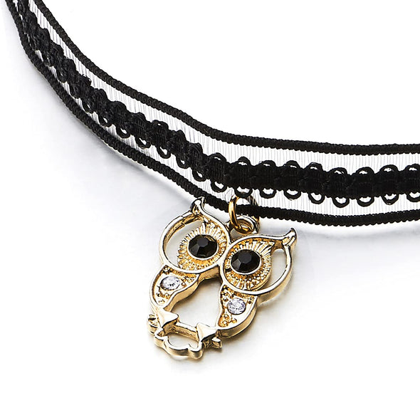 Ladies Black Lace Choker Tattoo Necklace, Dangling Owl Pendant with Black White Cubic Zirconia - COOLSTEELANDBEYOND Jewelry
