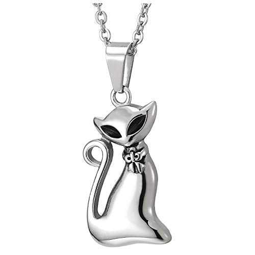 Ladies Stainless Steel Lovely Kitty Cat Pendant Necklace with Black Enamel, 20 in Rope Chain - coolsteelandbeyond