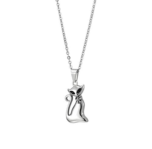 Ladies Stainless Steel Lovely Kitty Cat Pendant Necklace with Black Enamel, 20 in Rope Chain - coolsteelandbeyond