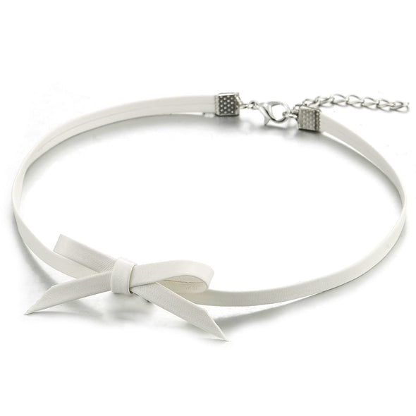 Ladies White Leather Bow Choker Necklace Pendant - COOLSTEELANDBEYOND Jewelry