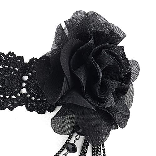 Ladies Women Black Lace Choker Necklace with Camellia Flower and Dangling Beads Charm Chains Pendant - coolsteelandbeyond