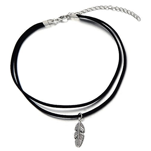 Ladies Womens Black Choker Necklace with Feather - COOLSTEELANDBEYOND Jewelry