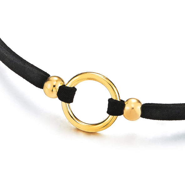 Ladies Womens Black Choker Necklace with Gold Color Open Circle Charm and Beads Pendant - COOLSTEELANDBEYOND Jewelry