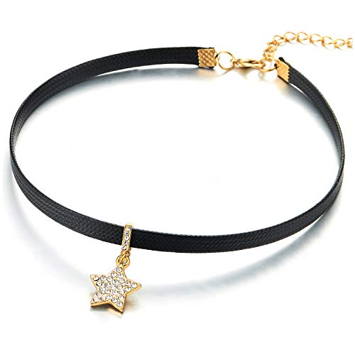 Ladies Womens Braided Leather Choker Necklace with Cubic Zirconia Gold Color Pentagram Star Pendant - coolsteelandbeyond