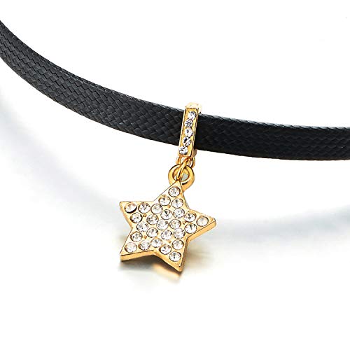 Ladies Womens Braided Leather Choker Necklace with Cubic Zirconia Gold Color Pentagram Star Pendant - coolsteelandbeyond