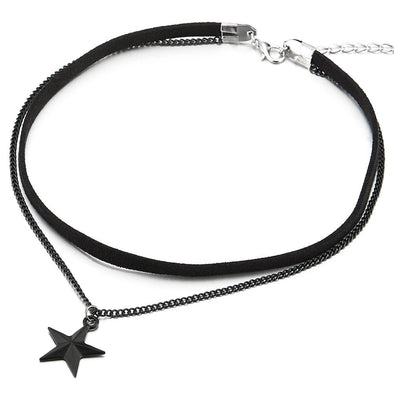 Ladies Womens Two-Rows Choker Necklace with Chain and Pentagram Star Charm Pendant - COOLSTEELANDBEYOND Jewelry