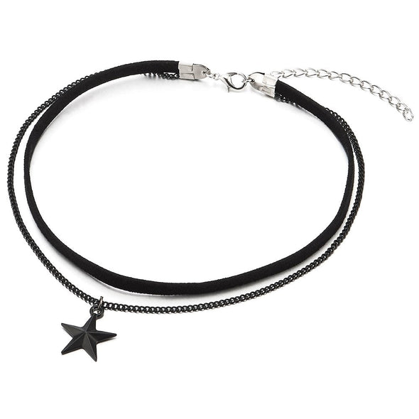 Ladies Womens Two-Rows Choker Necklace with Chain and Pentagram Star Charm Pendant - COOLSTEELANDBEYOND Jewelry