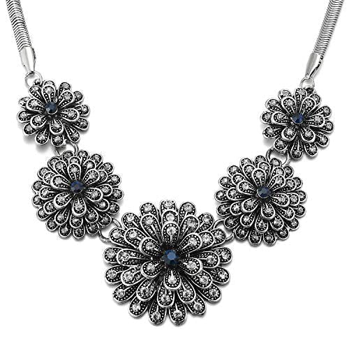 Large Collar Necklace, Vintage White Blue Rhinestone Layered Flower, Retro Style, Party Dress - coolsteelandbeyond