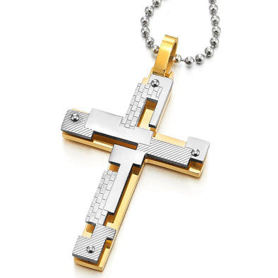 Large Stainless Steel Mens Cross Pendant Necklace Irregular Double-Layer Checkered Silver Black Two-Tone - COOLSTEELANDBEYOND Jewelry
