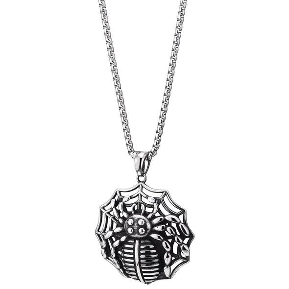 Large Stainless Steel Vintage Spider Web Pendant Necklace for Men Women, 30 inches Wheat Chain - COOLSTEELANDBEYOND Jewelry