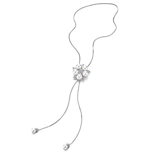 Long Chain Necklace Tassel with Rhinestones Synthetic Pearl Flower Pendant Adjustable, Elegant - coolsteelandbeyond