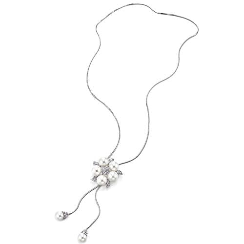 Long Chain Necklace Tassel with Rhinestones Synthetic Pearl Flower Pendant Adjustable, Elegant - coolsteelandbeyond