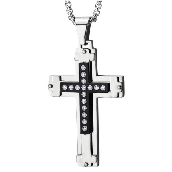 Man Women Steel Silver Black Three-row Cross Pendant Necklace CZ and Rivets, 30 in Wheat Chain - COOLSTEELANDBEYOND Jewelry
