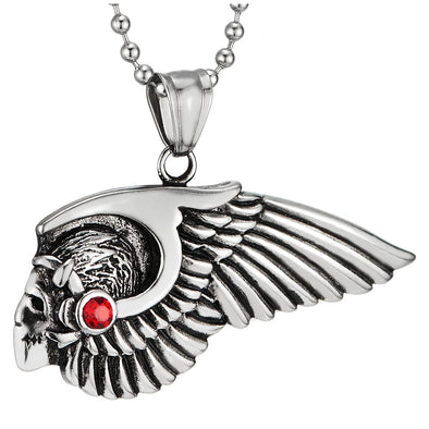 Man Women Steel Vintage Chimpanzees Angel Wing Pendant Necklace with Red Cubic Zirconia - COOLSTEELANDBEYOND Jewelry