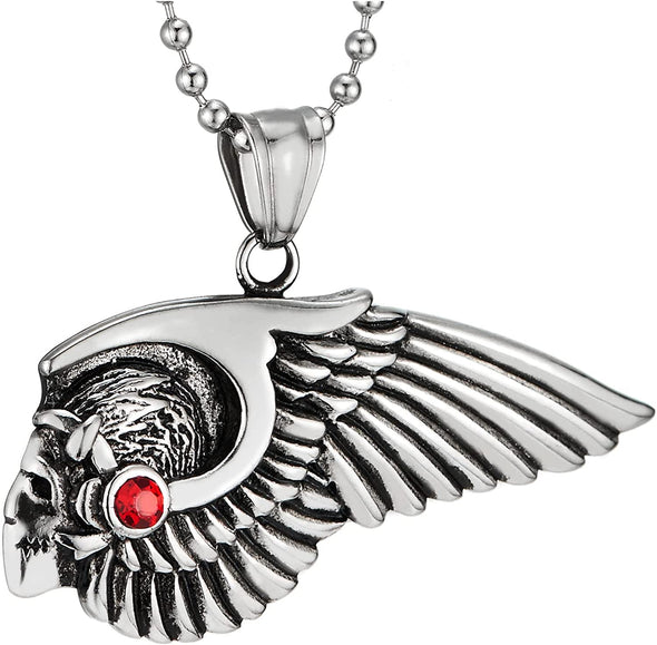 Man Women Steel Vintage Chimpanzees Angel Wing Pendant Necklace with Red Cubic Zirconia - COOLSTEELANDBEYOND Jewelry