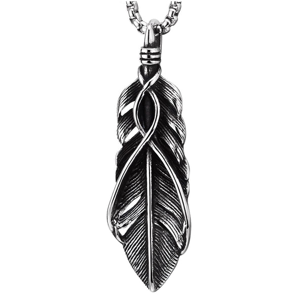 Man Womens Vintage Stainless Steel Feather Pendant Necklace with 30 inches Wheat Chain, Biker Punk - COOLSTEELANDBEYOND Jewelry