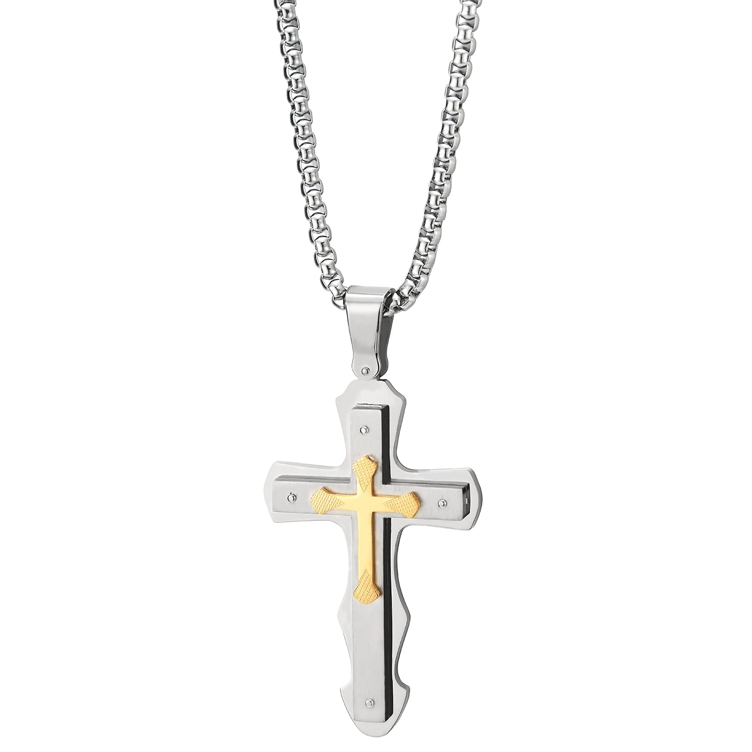 Masculine Mens Tri-Layers Large Silver Gold Cross Pendant Necklace ...