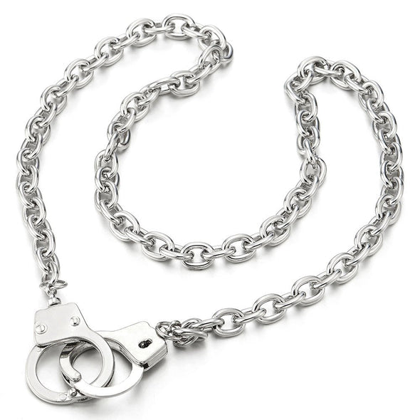 Unisex Silver Color Handcuff Necklace, 26.8 Inches Rope Chain, Punk Rock Style, Perfect for Men and Women Seeking Edgy Accessories - COOLSTEELANDBEYOND Jewelry