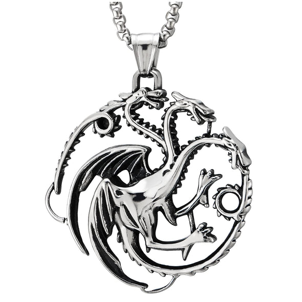 Men Biker Jewelry Steel Three Flying Dragons Circle Pendant Necklace, 30 inches Wheat Chain - COOLSTEELANDBEYOND Jewelry