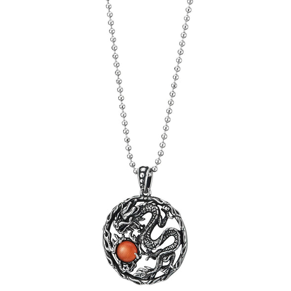 Men Biker Steel Dragon Fire Flame Circle Pendant Necklace with Gem Stone Ball, 30 inches Ball Chain - COOLSTEELANDBEYOND Jewelry
