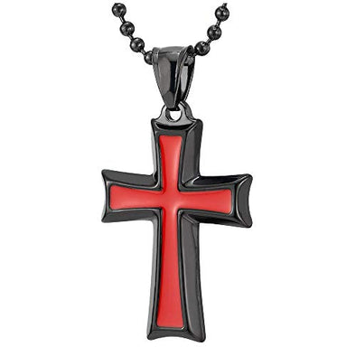 COOLSTEELANDBEYOND Mens Womens Stainless Steel Black Cross Pendant Necklace with Red Enamel, 23.6 inches Ball Chain - coolsteelandbeyond