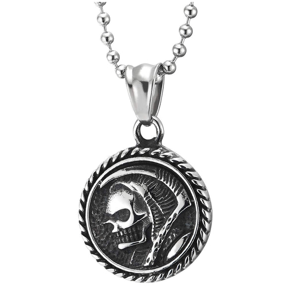 Men Stainless Steel Hooded Robe Skull with Sickle, Wreath Circle Medal Pendant Necklace 30 in Ball Chain