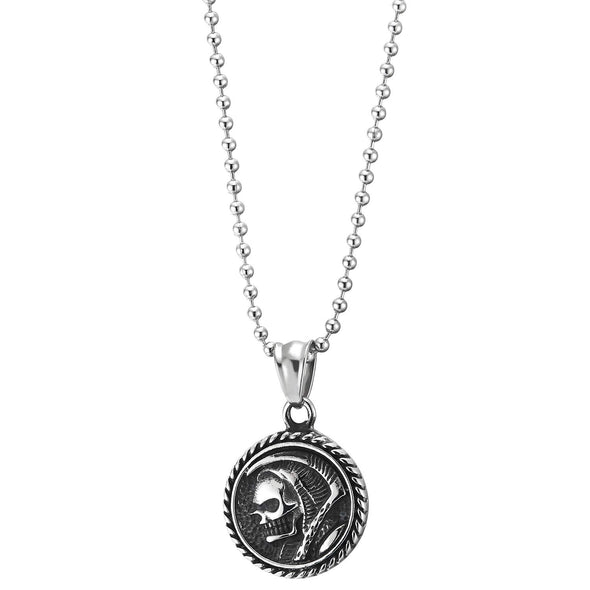 Men Stainless Steel Hooded Robe Skull with Sickle, Wreath Circle Medal Pendant Necklace 30 in Ball Chain
