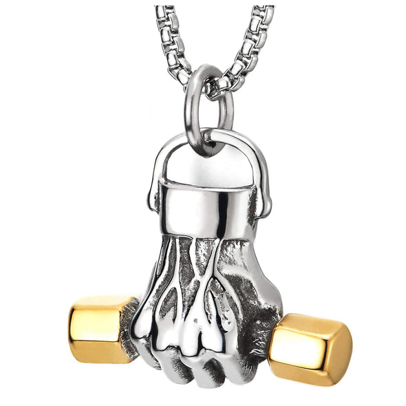 Men Steel Hand Weight Lifting Barbell Dumbbell Pendant Necklace with 30 in Chain, Silver Gold - coolsteelandbeyond