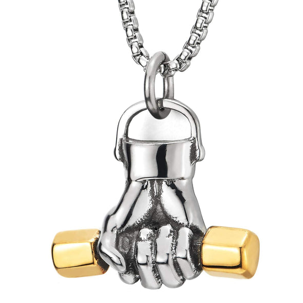 Men Steel Hand Weight Lifting Barbell Dumbbell Pendant Necklace with 30 in Chain, Silver Gold - coolsteelandbeyond