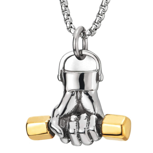 Men Steel Hand Weight Lifting Barbell Dumbbell Pendant Necklace with 30 in Chain, Silver Gold - COOLSTEELANDBEYOND Jewelry