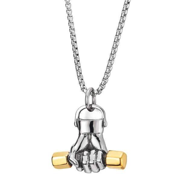 Men Steel Hand Weight Lifting Barbell Dumbbell Pendant Necklace with 30 in Chain, Silver Gold - coolsteelandbeyond