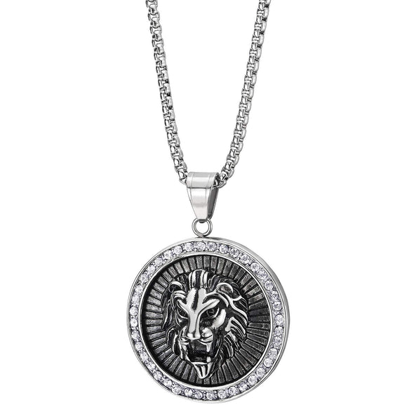 Men Steel Stripes Lion Head Circle Medal Pendant Necklace with Cubic Zirconia, Silver Black - coolsteelandbeyond
