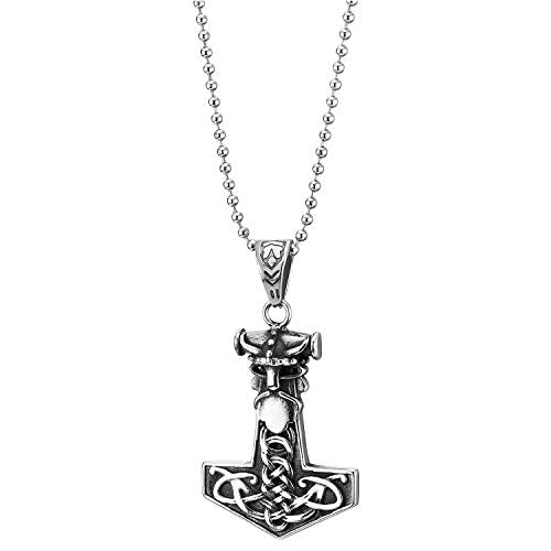 Men Vintage Steel Thors Hammer Necklace Pendant with Bull Warrior Irish Celtic Knot - COOLSTEELANDBEYOND Jewelry