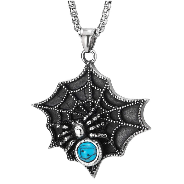 Men Women Rock Punk Steel Vintage Spider Web Pendant Necklace with Turquoise, 30 inches Wheat Chain - coolsteelandbeyond