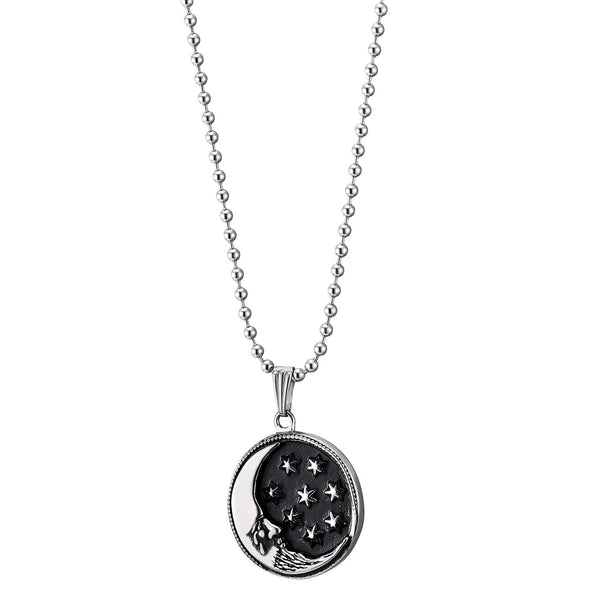 Men Women Stainless Steel Black Silver Crescent Moon Face and Stars Circle Medal Pendant Necklace - COOLSTEELANDBEYOND Jewelry