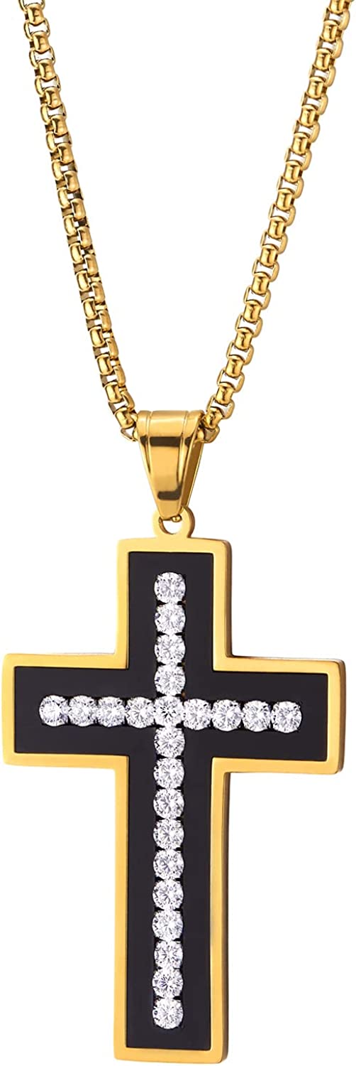 Men Women Stainless Steel Gold Black Cross Pendant Necklace with Cubic Zirconia, Unique Inlay Design - COOLSTEELANDBEYOND Jewelry