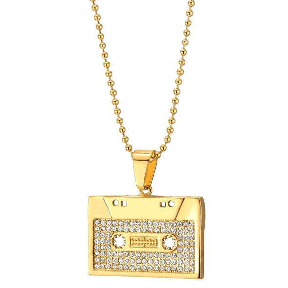 Men Women Stainless Steel Gold Color Cassette Pendant Necklace with Cubic Zirconia, 30 inches Chain - COOLSTEELANDBEYOND Jewelry