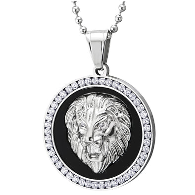 Men Women Steel Embossed Lion Head Circle Medal Pendant Necklace with CZ, Black Onyx, Silver Black - COOLSTEELANDBEYOND Jewelry